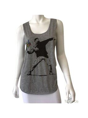 Banksy Flower Thrower Graphic Heather Grey Sleeveless Tank Top
